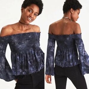 American Eagle Blue Tie Dye Smocked Off the Shoulder Bell Sleeve Top whinsical L